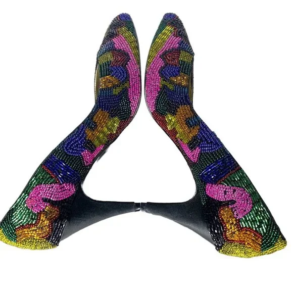 Vintage 90s Caparros Multicolor Pattern Beaded Pointed Toe Pumps 6
